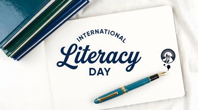 International Literacy Day Fountain Pen Notebook Flat Lay