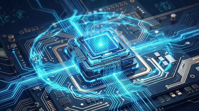 Futuristic digital circuit board with glowing blue technological connections and microchip design elements