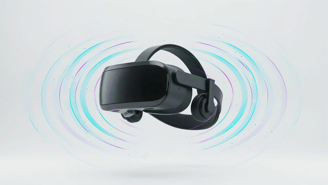Modern virtual reality headset floating with futuristic swirling light effects around transparent background