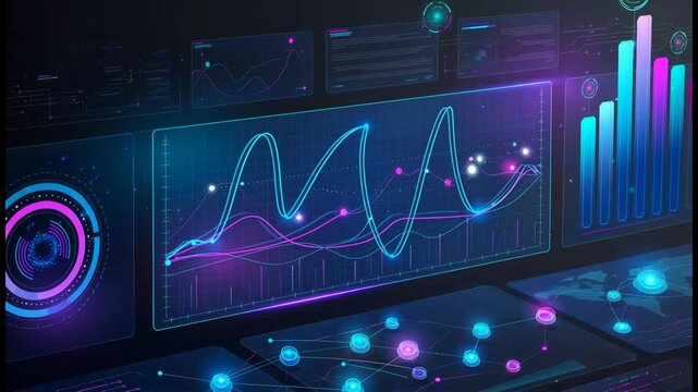 Futuristic digital interface with glowing data charts and analytics visualization on dark background