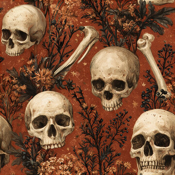 Vintage spooky garden seamless pattern with weathered skulls and bones surrounded by dark foliage and dried flowers rust