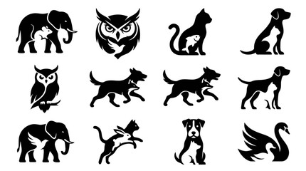 Obraz premium Diverse animal and pet silhouette icon collection.