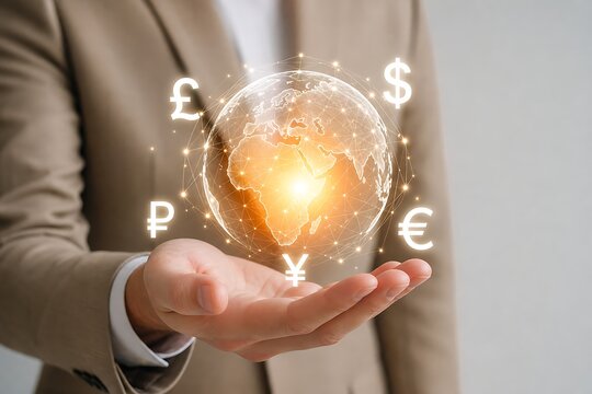 Hand holding glowing globe with currency symbols floating around it