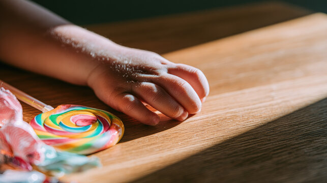 Tired child hand resting beside colorful swirl lollipop and candy wrapper on wooden table in warm morning light with shallow focus and copy space