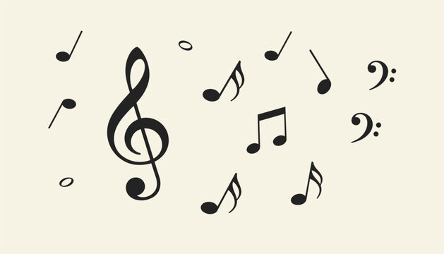 Collection of various floating musical notes including treble and bass clefs depicted as black symbols on a plain light beige background.