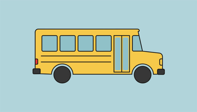 Yellow school bus features side windows and a driver door depicted in a minimalist flat vector illustration against a light blue background.