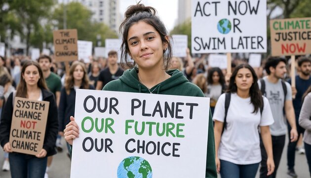 Young woman holding a climate action sign while participating in a peaceful street march