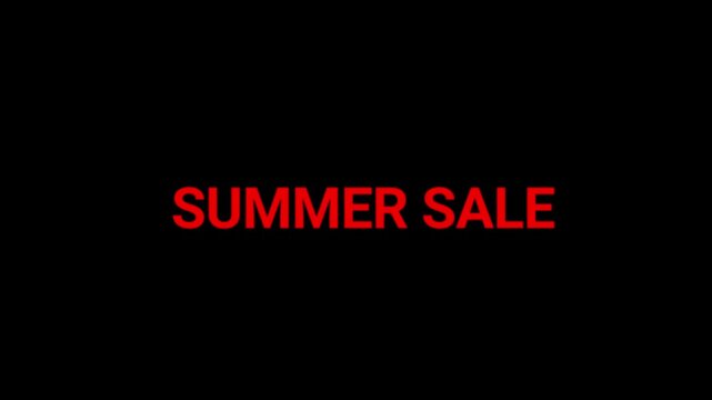 Summer sale typography in a vibrant red neon glow stands out against a solid black background.