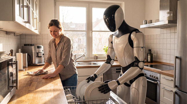 Robot Helper in the Kitchen: A human woman wipes down a counter while a humanoid robot unloads a dishwasher, showcasing a futuristic domestic scene.