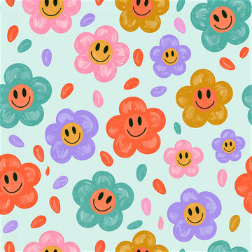 Rainbow smiley flowers seamless pattern for playful design