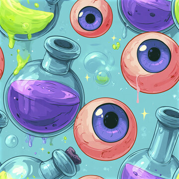 Whimsical alchemy seamless pattern with glass flasks containing colorful liquids and floating eyeballs in playful style