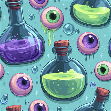 Whimsical alchemy seamless pattern with glass flasks containing colorful potions and dripping eyeballs on blue background