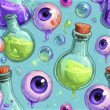 Whimsical alchemy seamless pattern with glass flasks containing green liquid and dripping purple eyeballs on blue background