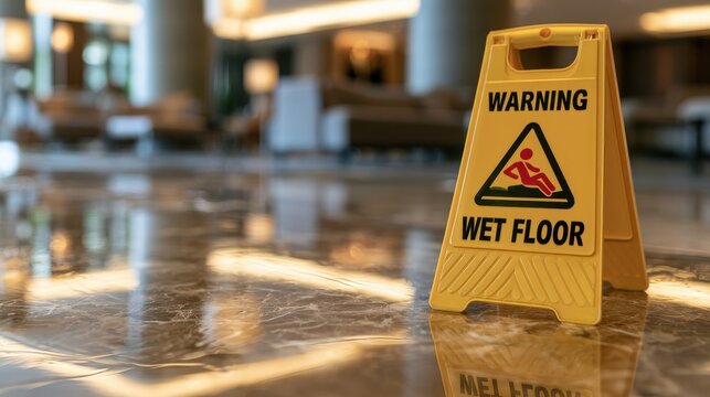 A yellow wet floor warning sign standing on a polished, slippery marble floor in a bright lobby. Essential safety equipment for building maintenance and injury prevention.