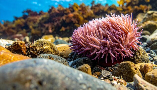 Vibrant Pink Sea Anemone on Ocean Reef with Algae.