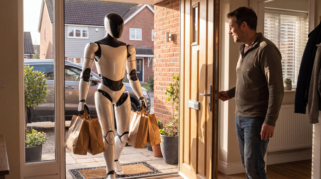 Robot Delivery Service: A humanoid robot with a sleek, modern design carries shopping bags, delivering them to a man standing at his doorstep.