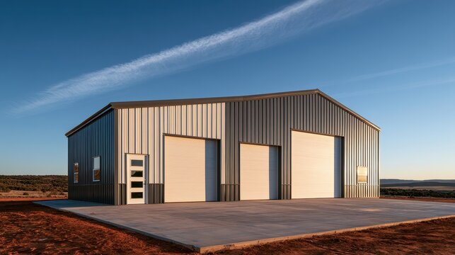 Modern metal building with garage doors at sunset. Ideal for storage or commercial property ads.