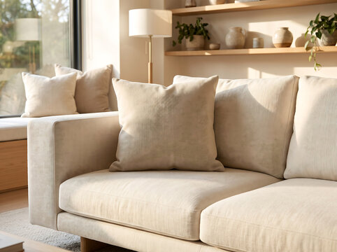 Modern living room interior with cream colored sofa and beige decorative cushions in soft natural sunlight transparent background