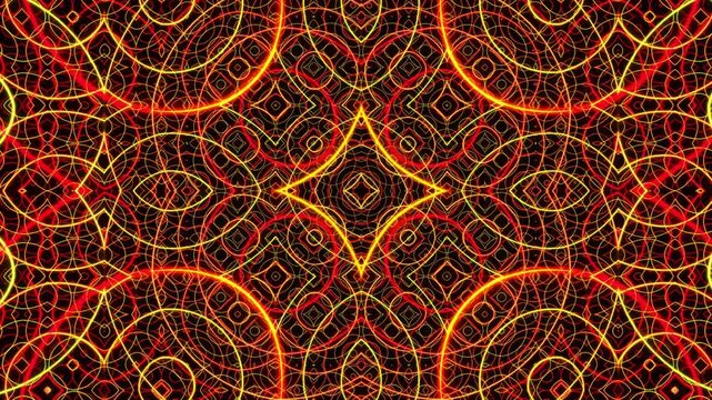 Golden neon energy rings intertwine across a dark field in a 3D animation crafted for yoga relaxation trance sessions and chakra meditation