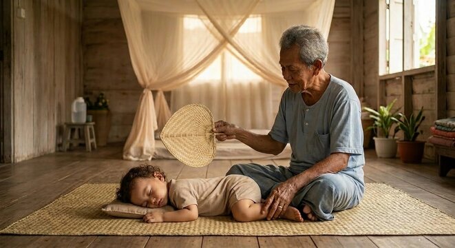 Loving Asian grandfather fanning a sleeping toddler on a woven mat inside a traditional wooden house