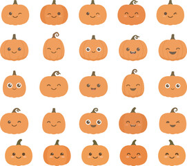 Obraz premium Hand-drawn orange pumpkin faces set with happy, spooky, and surprised Halloween expressions in flat design