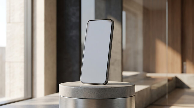 Modern smartphone mockup with blank screen placed on a cylindrical stone pedestal display transparent background