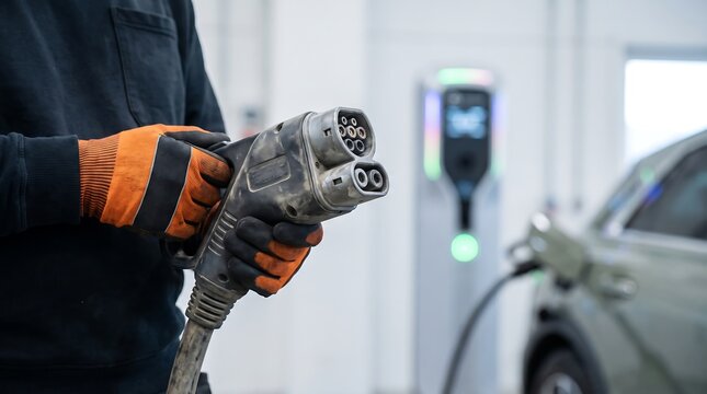 Mechanic holding an electric vehicle charging cable and connector at charging station.