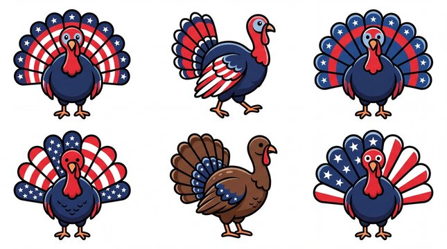Patriotic turkeys with american flag feather patterns in various poses on a white background
