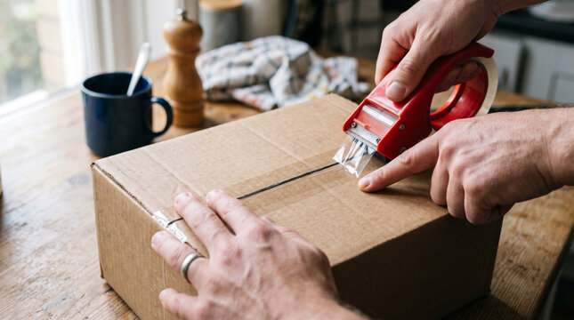 Hands sealing a cardboard box with tape dispenser for shipping or moving