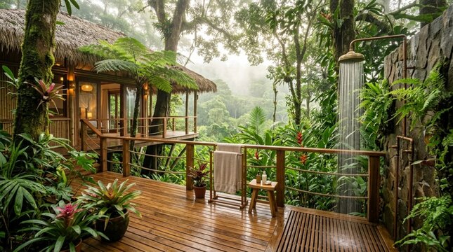 Luxury outdoor shower on a wooden deck of a tropical eco-resort villa in the lush green rainforest