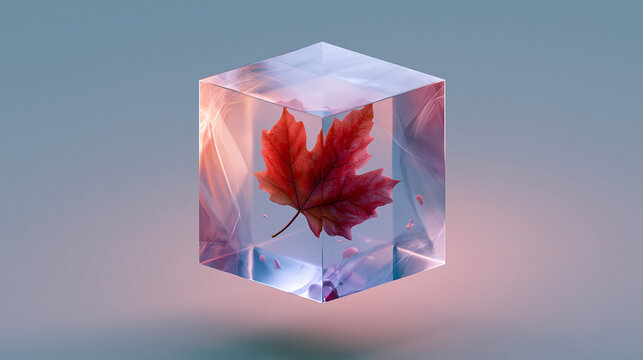 Vibrant red maple leaf encased inside a perfectly transparent glowing ice cube floating against a soft dreamy gradient background with ethereal light refractions and shadows