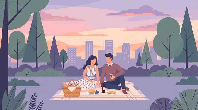 Couple enjoying a romantic picnic in a park with city skyline sunset