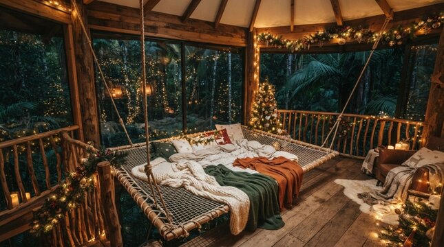 Magical Christmas Treehouse Retreat with Hammock Net Bed and Twinkling Lights in Tropical Jungle