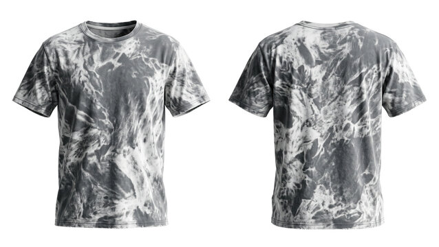 Monochrome marbled tie dye t shirt apparel mockup with front and back views for fashion brand clothing design display isolated on a transparent background editing