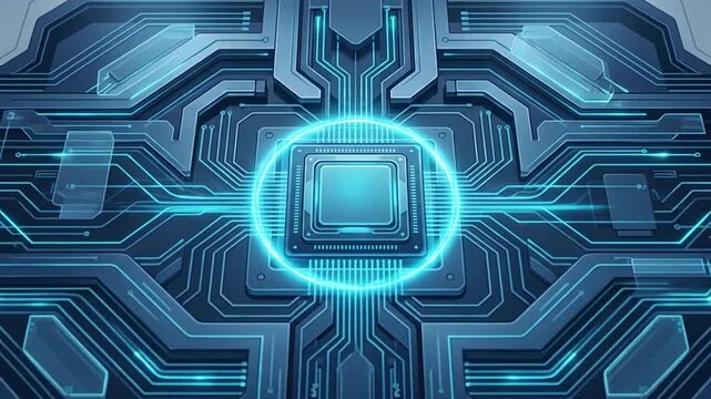 Futuristic digital circuitry and glowing microchips in a high-tech abstract design Visualize advanced technology and innovation