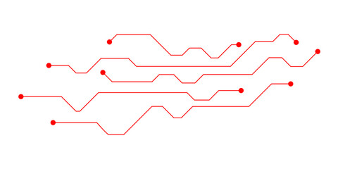 Obraz premium Red circuit board lines vector, abstract electronic motherboard pattern, digital technology connection paths on white background