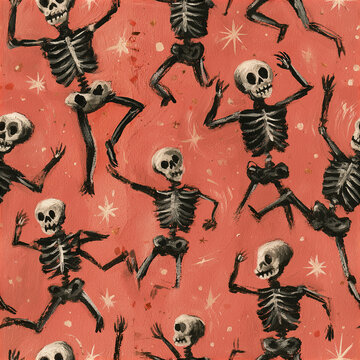 Whimsical spooky skeleton seamless pattern with lively dancing bones on orange background for festive design