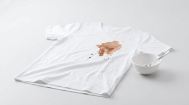 A relatable and unfortunate image of a stained white shirt with chocolate depicting an accident in a white cloth while eating dessert. Perfect for food cleaning and mishap concepts. stained white