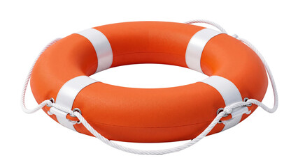 Orange rescue lifebuoy ring with white straps isolated on transparent background for marine safety maritime emergency preparedness and water sports rescue gear use © ATIQULISLAM