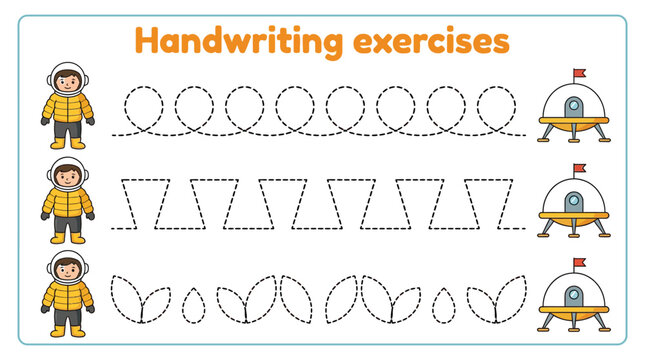 Educational handwriting practice worksheet featuring cartoon astronaut characters and space themed dotted tracing lines for kids
