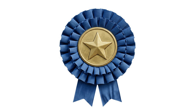 Blue fabric rosette award ribbon with gold star emblem isolated on transparent background for contest winners excellence recognition and competition achievement prize