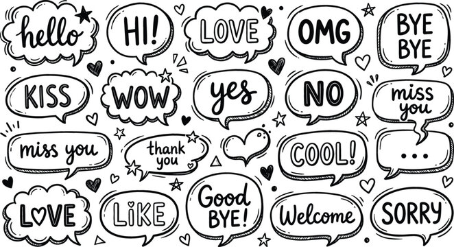 Doodle Speech Bubble Text Icon Set with Hand Drawn Comic Expression Symbols for Social Media Chats and Bullet Journal Sticker Designs