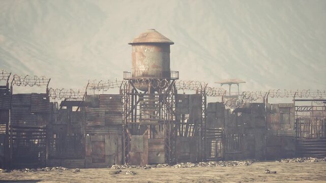 A large scrapyard fortress stands tall with a rusted water tower and barbed wire, surrounded by an arid landscape and distant mountains under a clear sky.