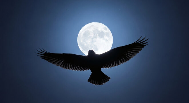 Silhouette of a bird in flight against a full moon with generated by AI