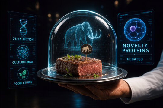 Lab-grown Woolly Mammoth cultured meat novelty proteins debated luxury restaurant presentation de-extinction cultured meat food ethics biotechnology future cuisine