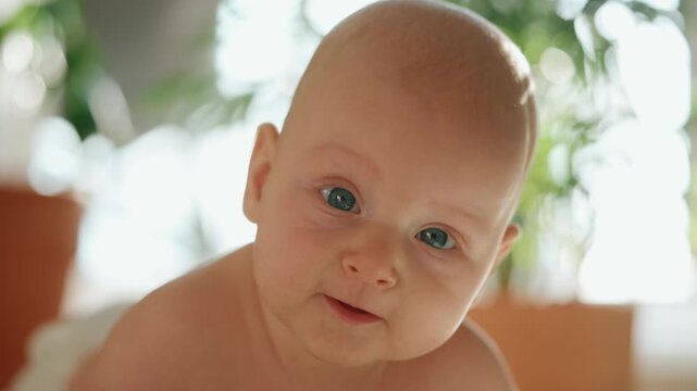 Close up footage of an adorable infant boy with bright blue eyes making funny faces. The curious newborn is having tummy time on a play mat, expressing happiness and joy