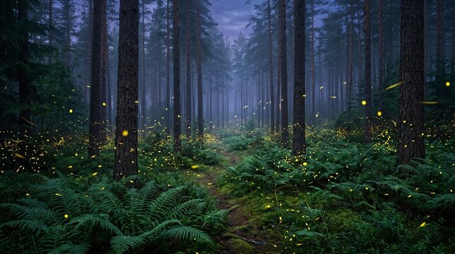 Deep green forest lit by thousands of glowing yellow fireflies at twilight, tall pines in mist, ferns across floor, enchanting summer night.