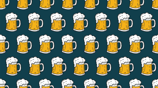 Golden beer mugs with white frothy foam arranged in a seamless repeating pattern graphic design