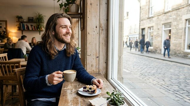 A handsome and cheerful man with long hair sitting by a window in a cafe enjoying a cup of coffee and a cake. He is looking away and smiling capturing a moment of relaxation and contentment. handsome