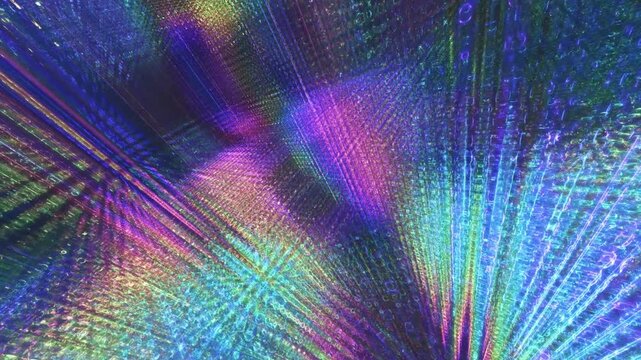 Quantum matrix data streams expand across multidimensional space in an energetic 3D animation with iridescent rainbow rays for tech presentations